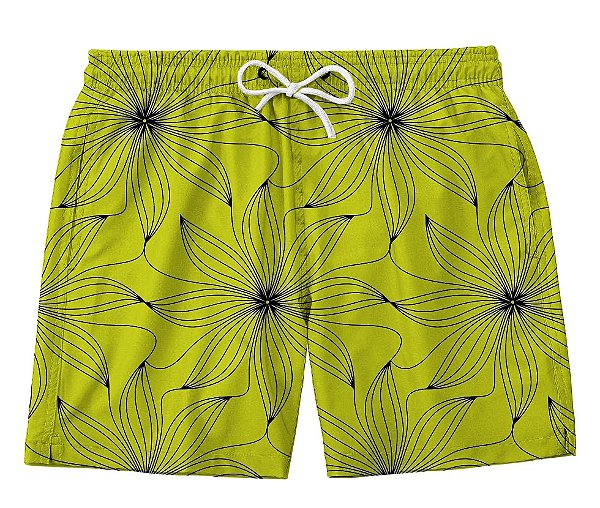 Short Masculino de Tactel | Flores Linhas Fundo Amarelo