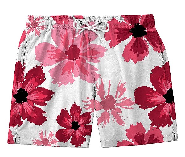 Short Masculino de Tactel | Flores Vermelhas Fundo Branco