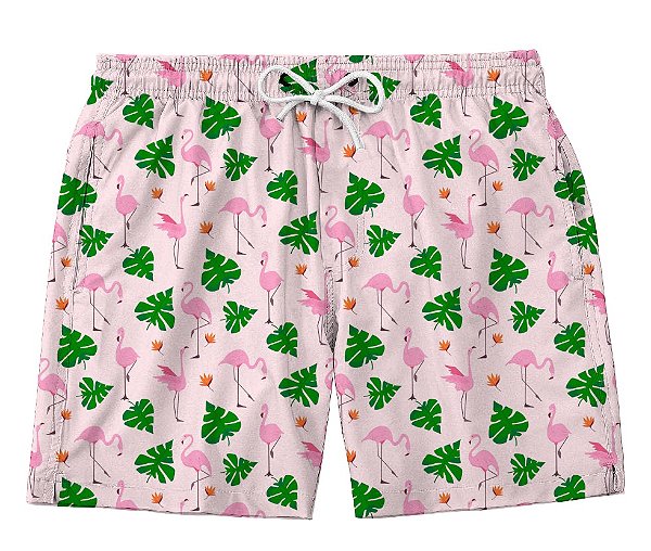 Short Masculino de Tactel | Flamingos e Folhas