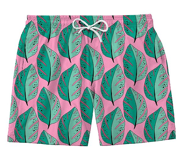 Short Masculino de Tactel | Folhas no Fundo Rosa