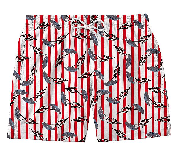 Short Masculino de Tactel | Flores listras Vermelhas