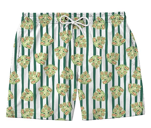 Short Masculino de Tactel | Folhas Listras Verdes