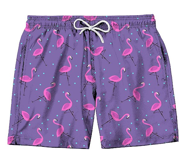 Short Masculino de Tactel | Flamingos Fundo Roxo