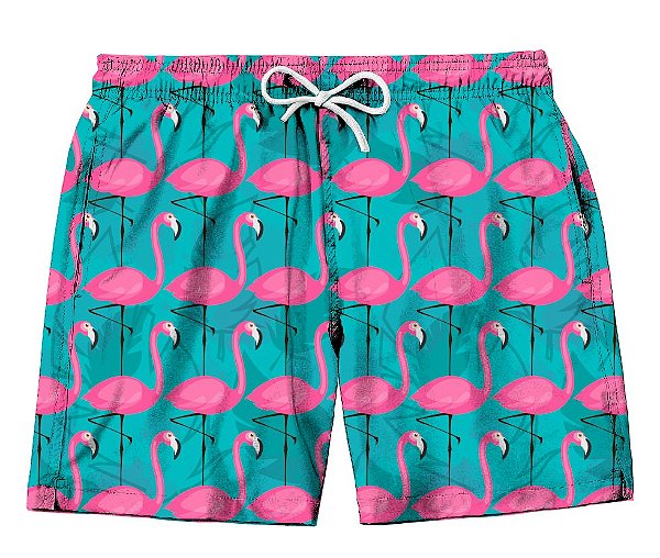 Short Masculino de Tactel | Flamingos no Fundo Azul
