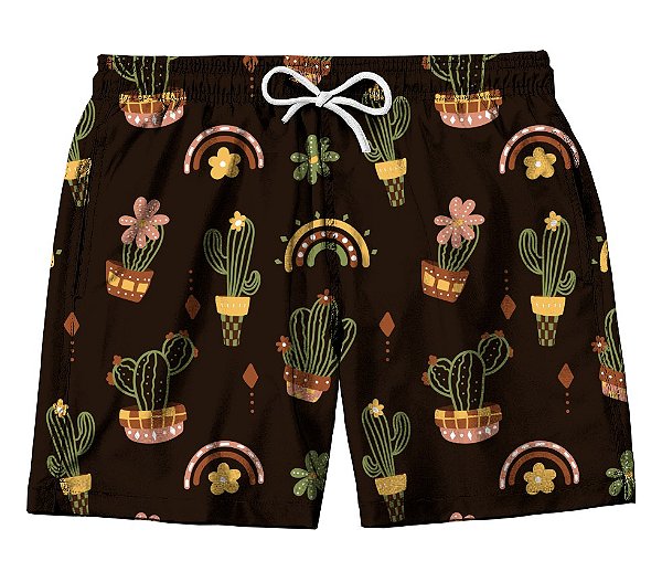 Short Masculino de Tactel | Cactos Fundo Marrom