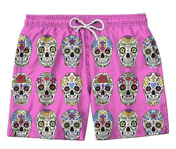 Short Masculino de Tactel | Crânios Fundo Rosa