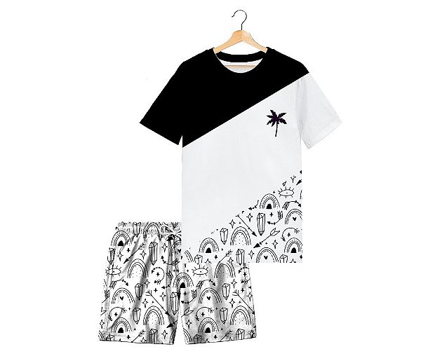 Conjunto Masculino Camiseta e Short Tactel | Coqueiro e Desenhos