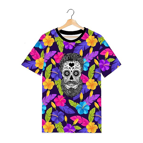 Camiseta Masculina Tecido Elastano Superior Swag On | Flores Caveira Barbuda