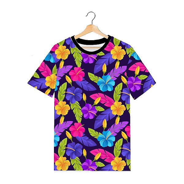 Camiseta Masculina Tecido Elastano Superior Swag On | Flores Coloridas