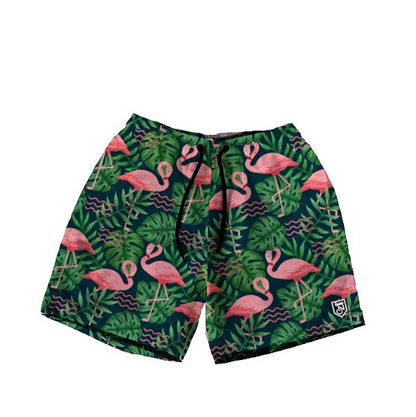 Short Masculino de Tactel | Flamingos e Folhagens