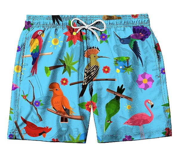 Short Masculino de Tactel | Pássaros fundo azul