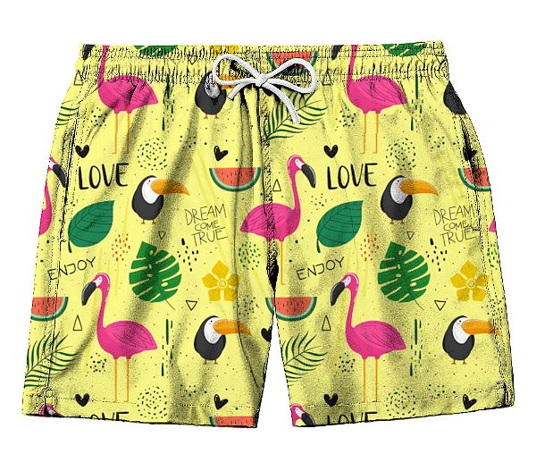 Short Masculino de Tactel | Flamingos love fundo amarelo