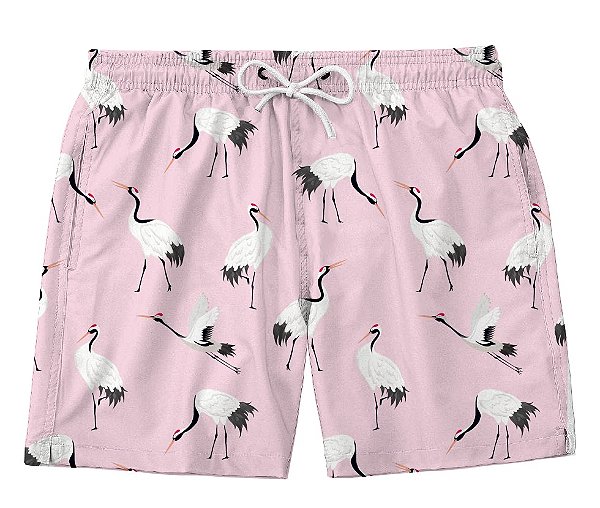 Short Masculino de Tactel | Aves Fundo Rosa