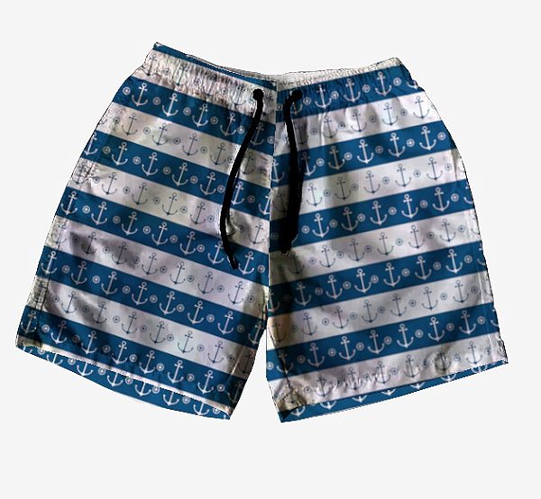 Short Masculino de Tactel | Ancoras Listras Azul e Branco
