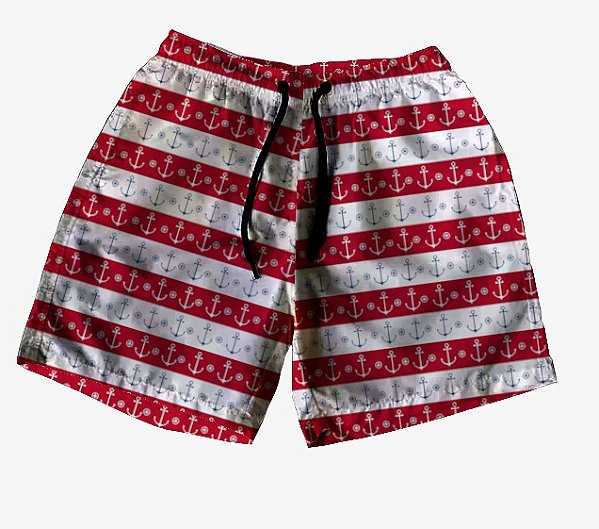 Short Masculino de Tactel | Ancoras Listras Vermelho e Branco