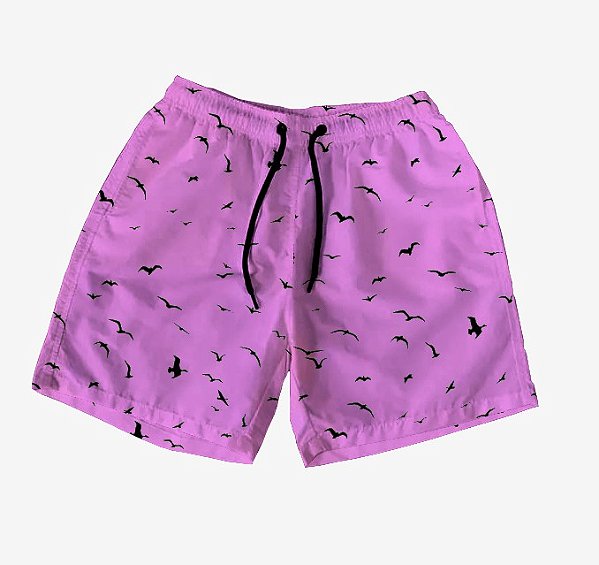 Short Masculino de Tactel | Passáros Fundo Rosa