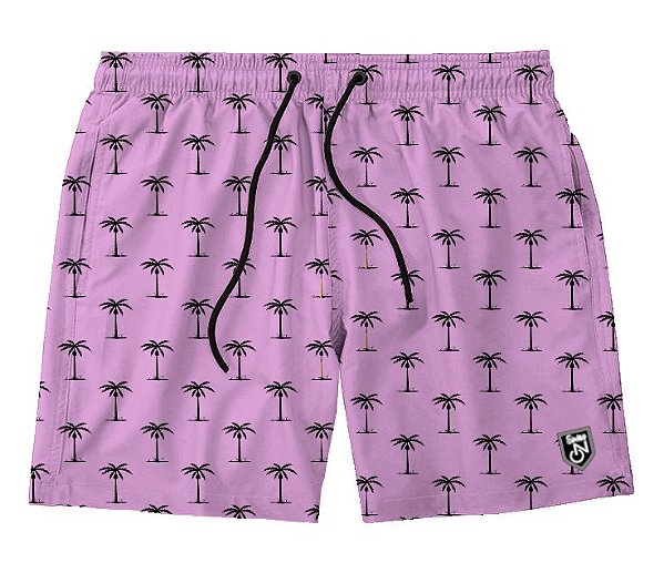 Short Masculino de Tactel | Simbolos Coqueiros Fundo Rosa