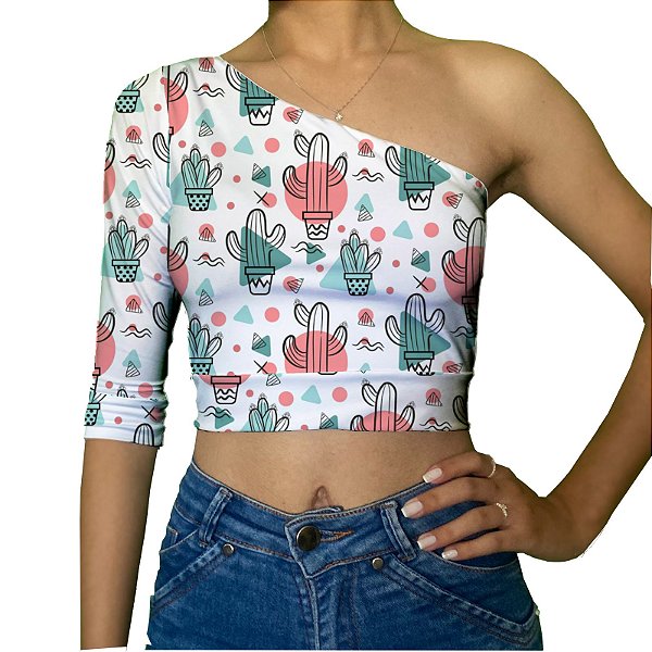 Cropped Uma Manga | Cactos Manchas Rosa