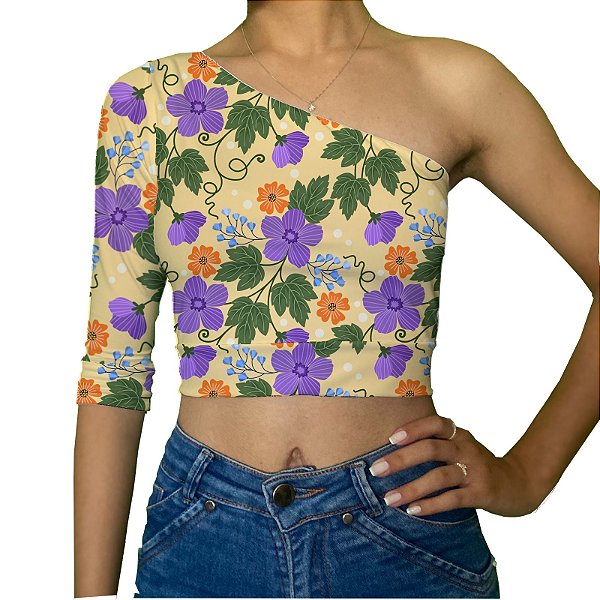 Cropped Uma Manga | Flores Roxas e Laranjas