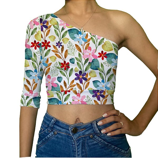 Cropped Uma Manga | Flores Coloridas