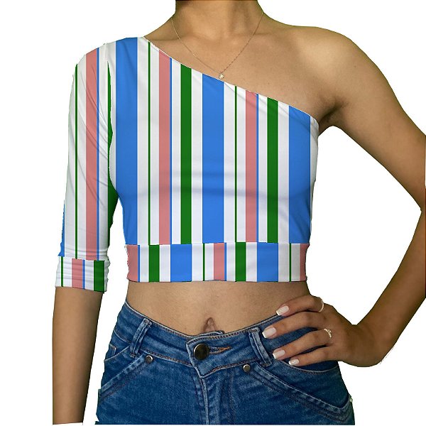 Cropped Uma Manga | Listras Rosa Azul e Verde