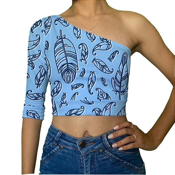 Cropped Uma Manga | Penas Fundo Azul