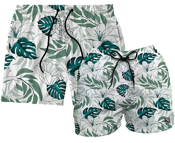 Kit Shorts Masculino e Feminino de Tactel | Flores e Folhas