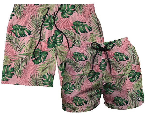 Kit Shorts Masculino e Feminino de Tactel | Folhas Fundo Rosa