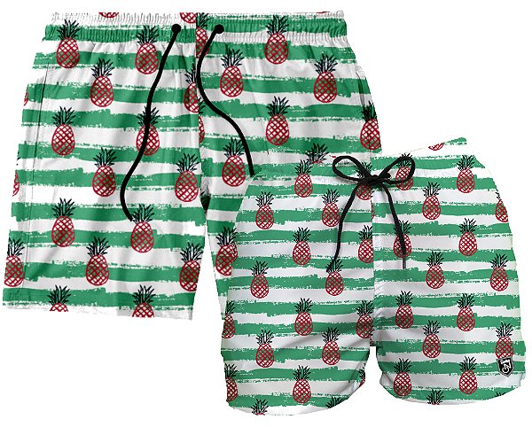Kit Shorts Masculino e Feminino de Tactel | Abacaxis Rosa