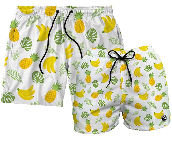 Kit Shorts Masculino e Feminino de Tactel | Abacaxis e Bananas