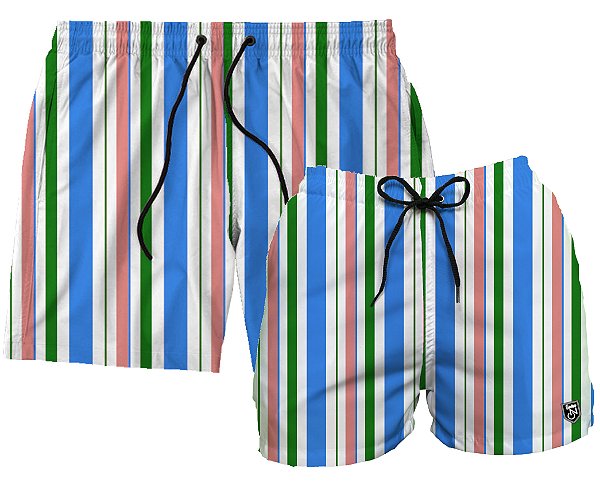 Kit Shorts Masculino e Feminino de Tactel | Listras Azul e Rosa