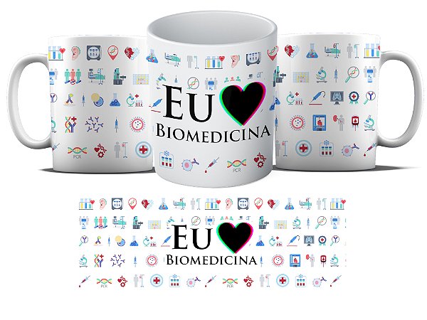 Caneca Personalizada - Curso Biomedicina - Eu amo biomedicina icones coloridos MD05