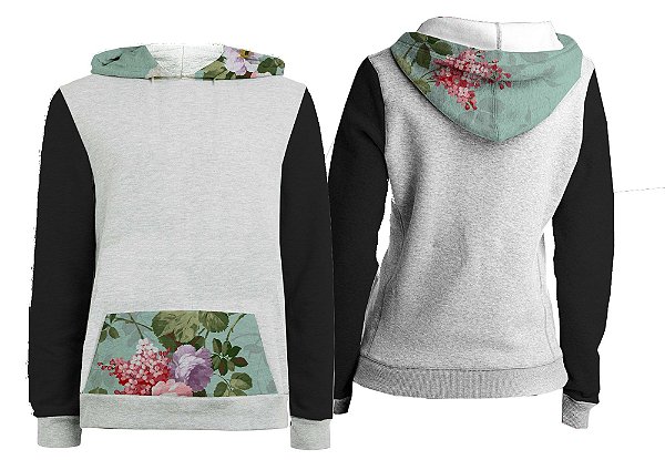 Casaco Canguru - Capuz e Bolsos Estampados. Flores 2