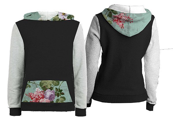 Casaco Canguru - Capuz e Bolsos Estampados. Floral