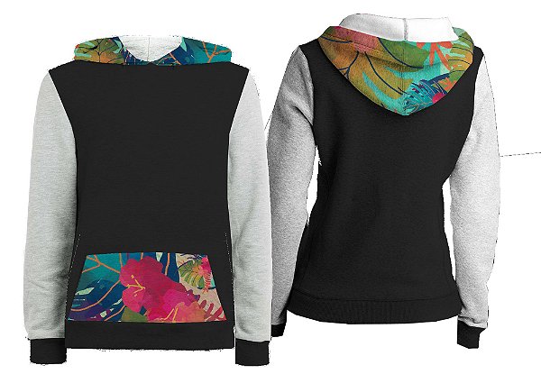 Casaco Canguru - Capuz e Bolsos Estampados. Tropicais