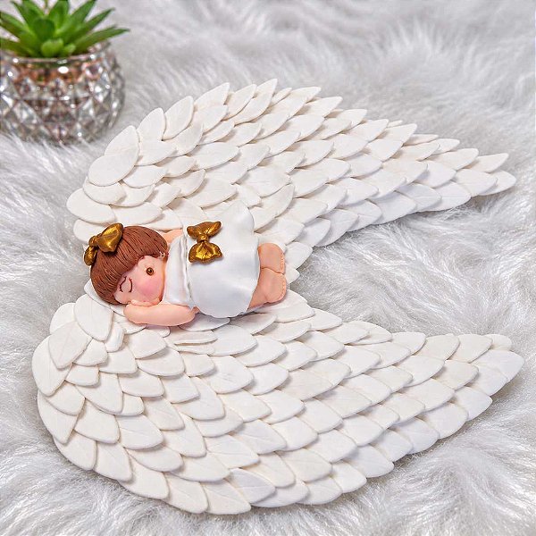 Topo de Bolo Bebê Anjo Biscuit Dormindo em Asas de 18 cm