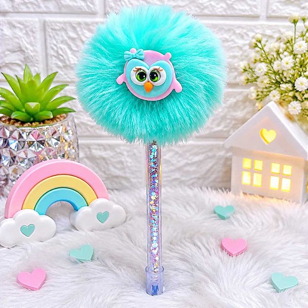 Caneta Decorada com Coruja de Biscuit e Pompom Azul-Turquesa