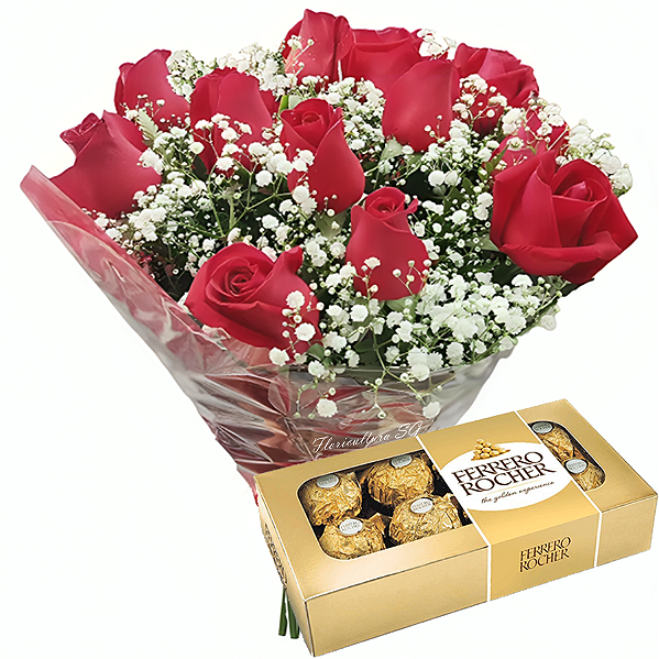 163 - Buquê 12 rosas + Ferrero rocher