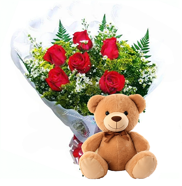 187 - Buquê 6 rosas + pelucia