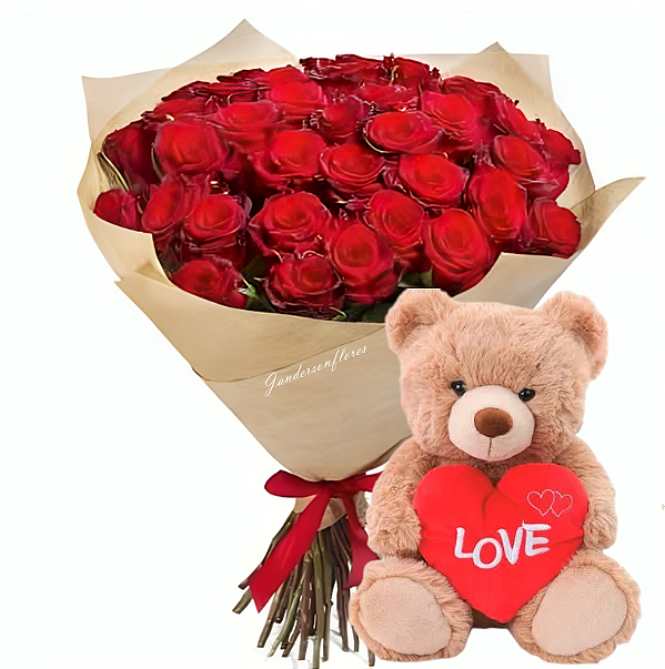 183 - Buquê 50 rosas + pelucia