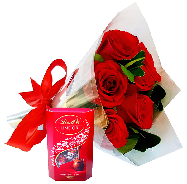 106 - Buquê 6 rosas + chocolate Lindor