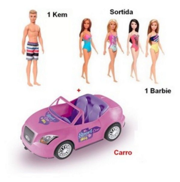 Kit Boneca Barbie Praia + Ken Praia + Carro Conversivel Rosa