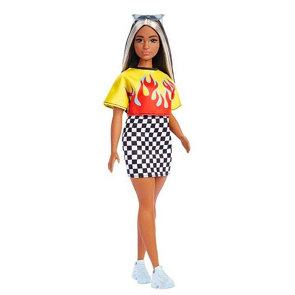 Boneca Barbie Fashionista Morena Com Mecha Branca Blusa Fogo