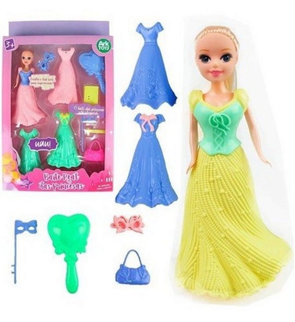 Boneca Baile Das Princesas Troca De Roupa C/ 4 Roupas Bolsa