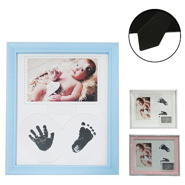 Porta Retrato Com Moldura Pra Bebé Com Carimbo Com Mão E Pé Azul