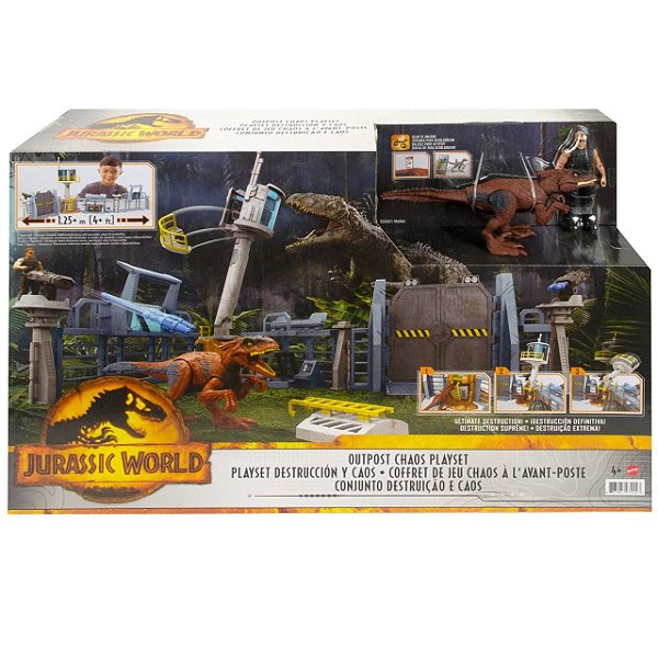 Boneco E Playset Ataque Do Dinossauro - Chaos Outpost destruição, fuga e explosão - Jurassic World - Com 2 Boneco Soldado - Dinossauro - 2 lançadores