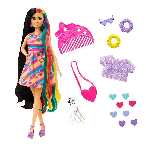 Boneca Barbie Totally Hair Cabelo Colorido De 21 CM Que Muda De Cor - Magico - Com Vestido Listrado - Asiatica E Adesivos Magicos