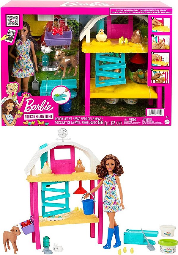Boneca Barbie Profissões - Choca E Coleta De Ovos - Diversão Na Fazenda - Morena Com Pet - Bezerro - Coelho - Galinhas E Massinha