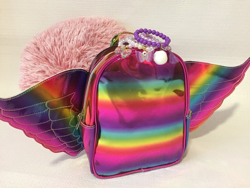 Mochila Bolsa Pequena Infantil Rainbow Holográfica Com Asas