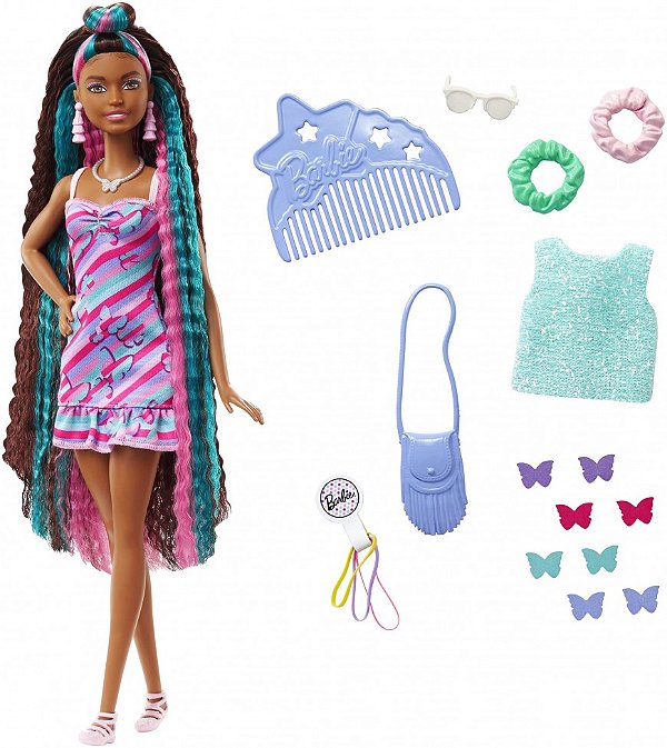 Boneca Barbie Totally Hair Cabelo Colorido De 21 CM Que Muda De Cor - Magico - Com Vestido De Borboleta Cabelo Cacheado Negra Com E Adesivos Magicos